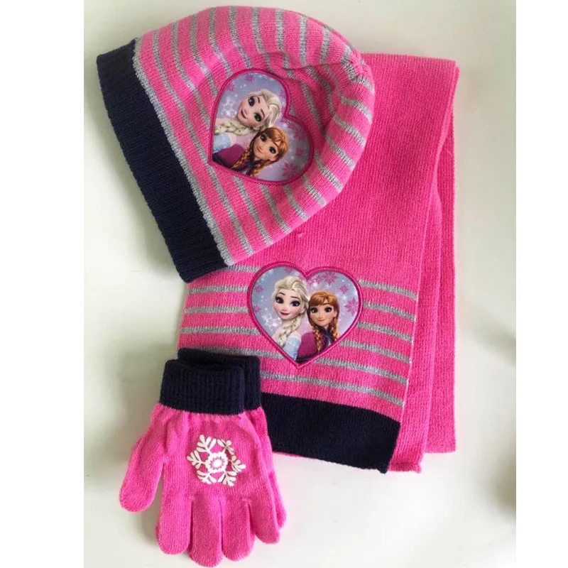 Winter New Disney Princess Knitted 3pcs/Set Girl Hat Scarf Gloves Frozen Princess Elsa Cartoon Children'S Warm Outdoor Kids Gift