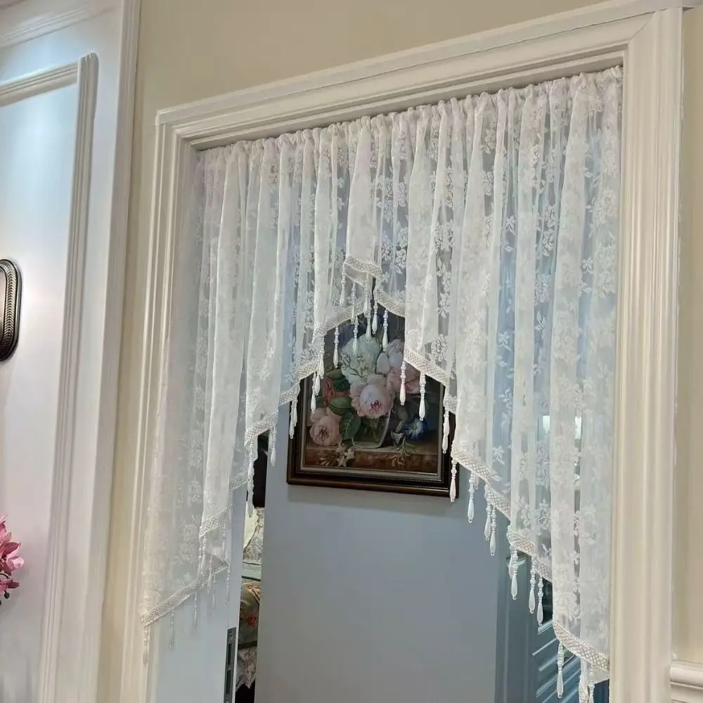 French Style Vintage Half Curtain Romantic With Beaded Lace Triangle Curtains Elegant Embroidery Lace Door Curtain Window