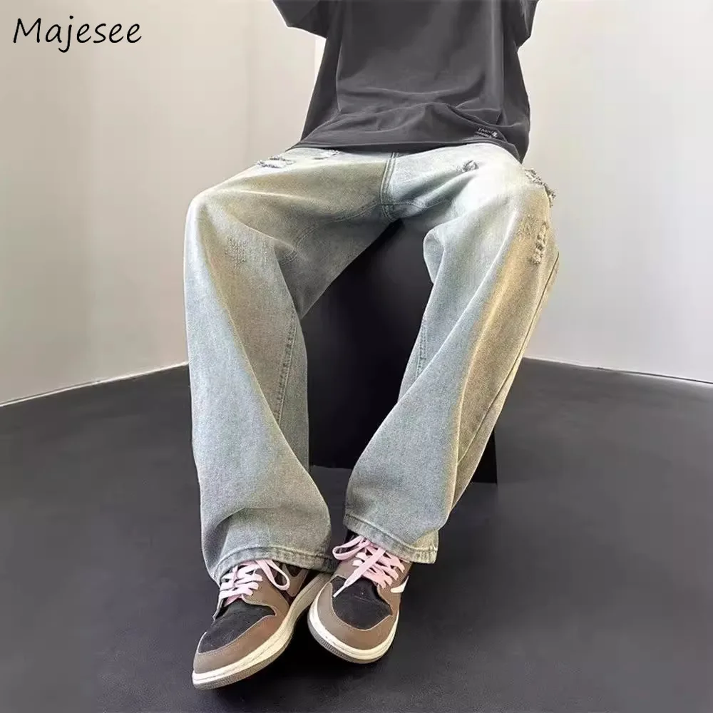 

Baggy Jeans Men Vintage Frayed Personality Washed Streetwear Casual Straight Trousers Handsome American Style All-match Cool New