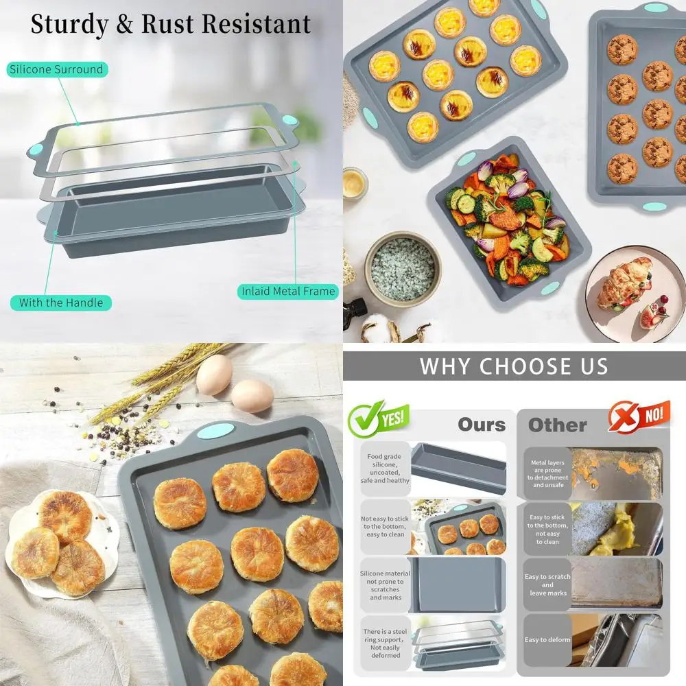 

4-Piece Silicone Baking Set: Nonstick with Metal Frame, Baking Pans, Sheets, Cookie & Cake Pan, Light Grey