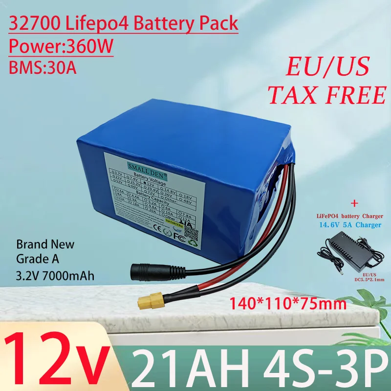 12.8V 21Ah 42Ah Lifepo4 battery pack 4S 32700 Built-in 30A Same port charge and discharge balance BMS 12V Power Supply+Charger