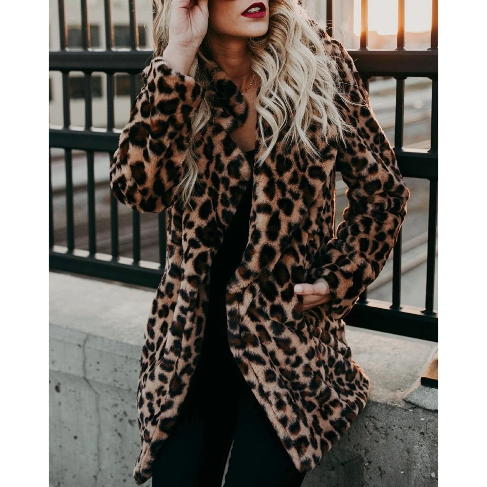 

Winter Women Leopard Print Fluffy Nothched Collar Longline Coat Femme Long Sleeve Overcoat Elegant Casual Open Front Outfits