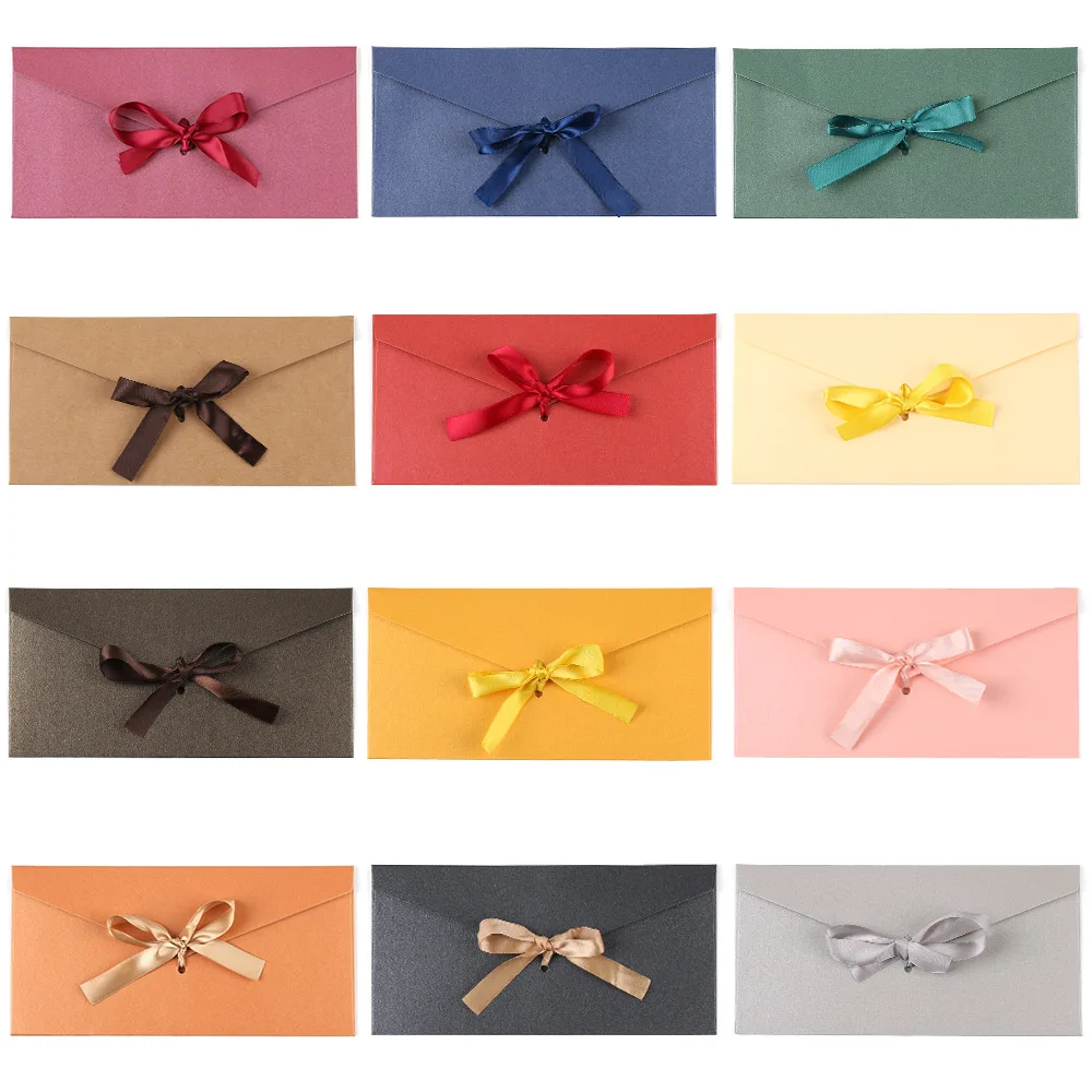 

10Pcs/Set Retro Pearlescent Paper Envelope Bow Thick Ribbon Creative Color Greeting Card Bags for Wedding Invited Gift Postcards