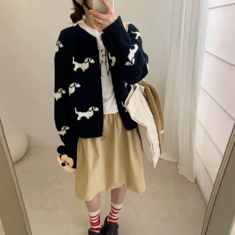 Women Zip Up Knit Cardigan Cartoon Dog Jacquard Loose Long Sleeve Knitwear Outerwear