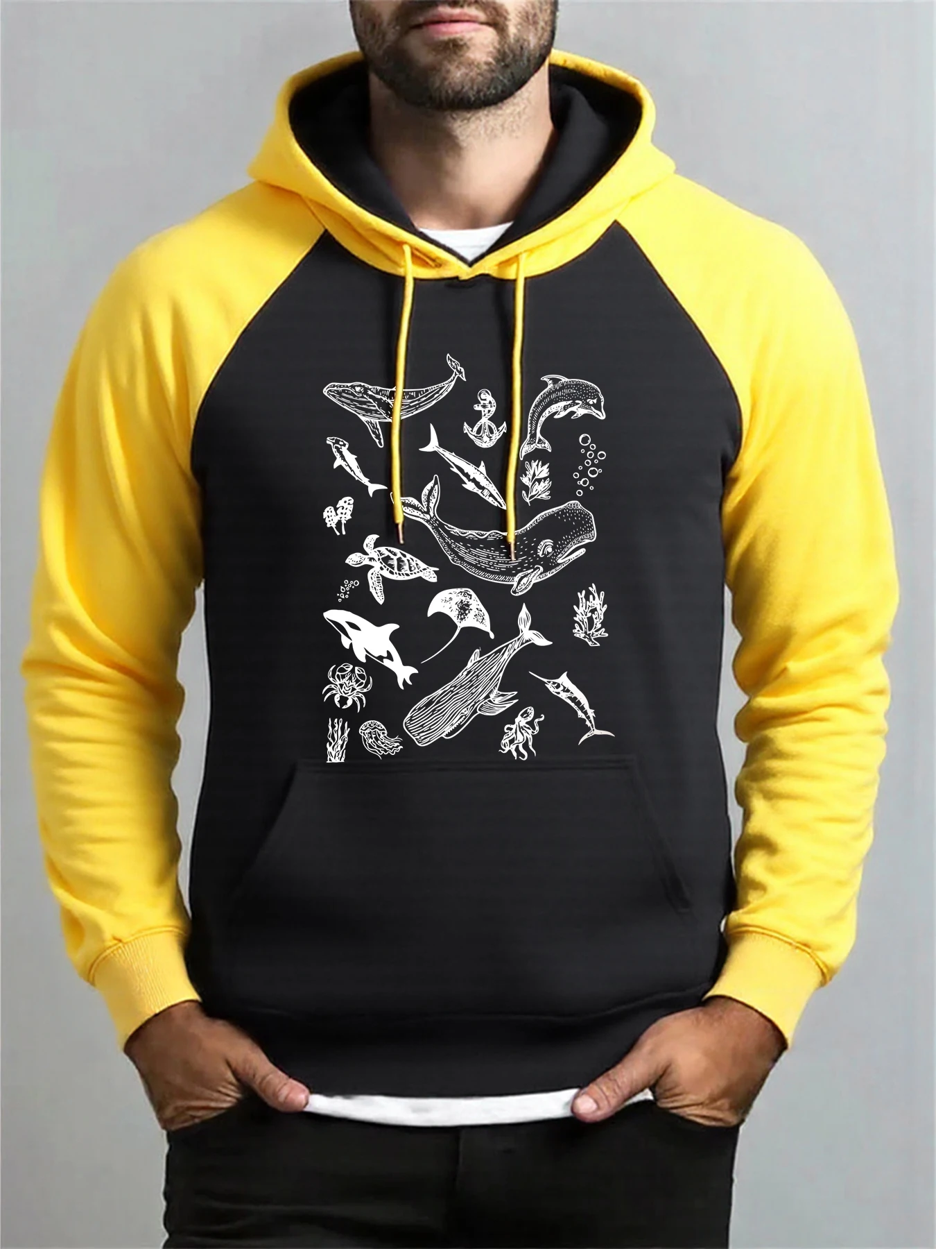 

Marine Organism Print Raglan Hoodies Man Y2K Fleece Hoody Casual Hip Hop Streetwear Unisex Autumn Vintage Loose Pullovers