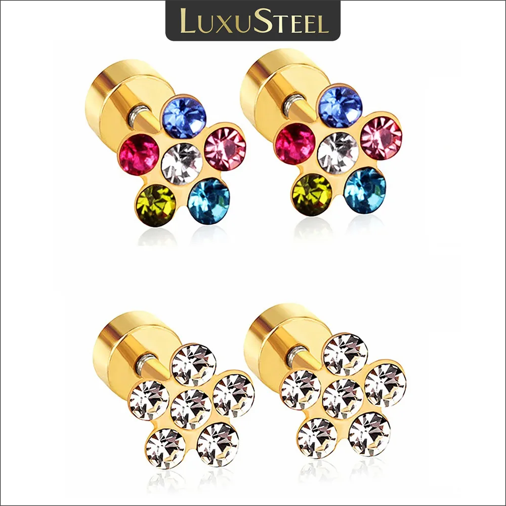 LUXUSTEEL Colorful Cubic Zirconia Flower Stud Earrings For Women Baby Stainless Steel Anti-allergy Trendy Cute Ear Jewelry 2022