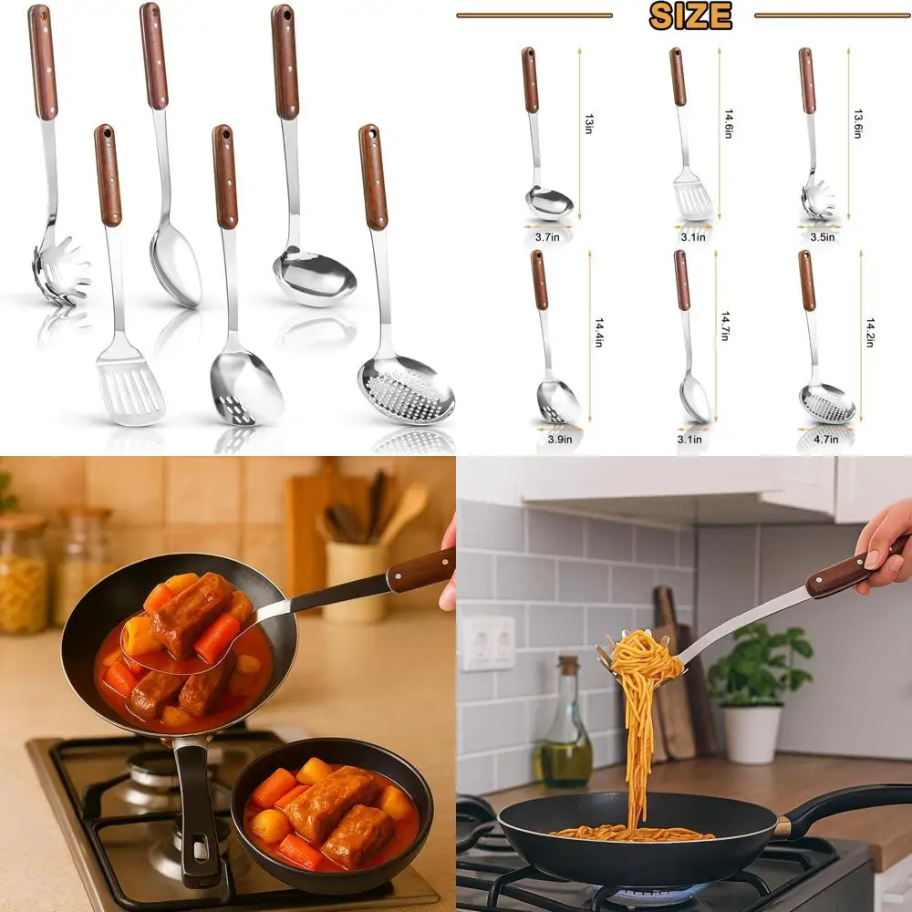 

6-Piece Stainless Steel Kitchen Utensil Set with Polished Finish, Wooden Handle, Heat Resistant, Dishwasher Safe, Easy Cleaning