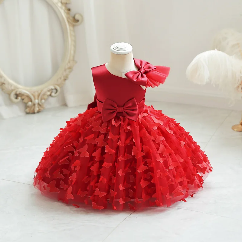 Vestido de festa borboleta 3D para meninas, vestido de dança para bebê criança bowknot, 12M a 7 anos