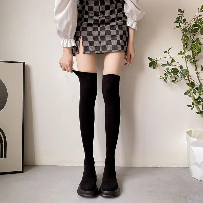 

Черные вязаные эластичные носки выше колена, женские туфли на осень-зиму 2025, новые женские высокие сапоги до бедра на платформе с круглым носком