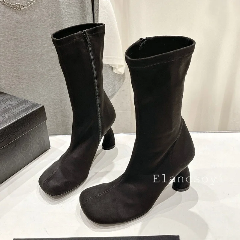 Autumn Winter Round Toe Cow Suede Solid Color Short Boots Women's Zipper Design British Style Mid Calf Boots Female Modern Boots