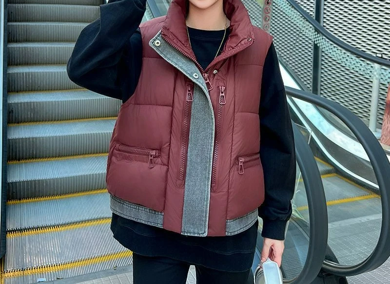 Krótka kamizelka patchworkowa z denimu ze stójką, nowy styl na jesień i zimę 2025, gruba kurtka bez rękawów.