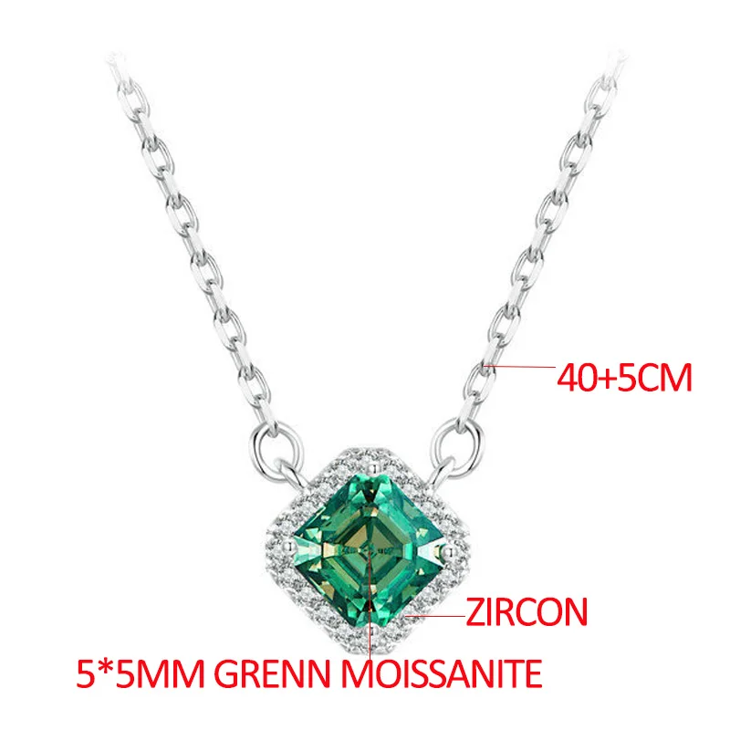 TFGLBU Sparking Green 0.6CT S925 Sterling Silver Princess Cut Moissanite Necklace for Women Proposal Wedding GRA Charm Jewelry