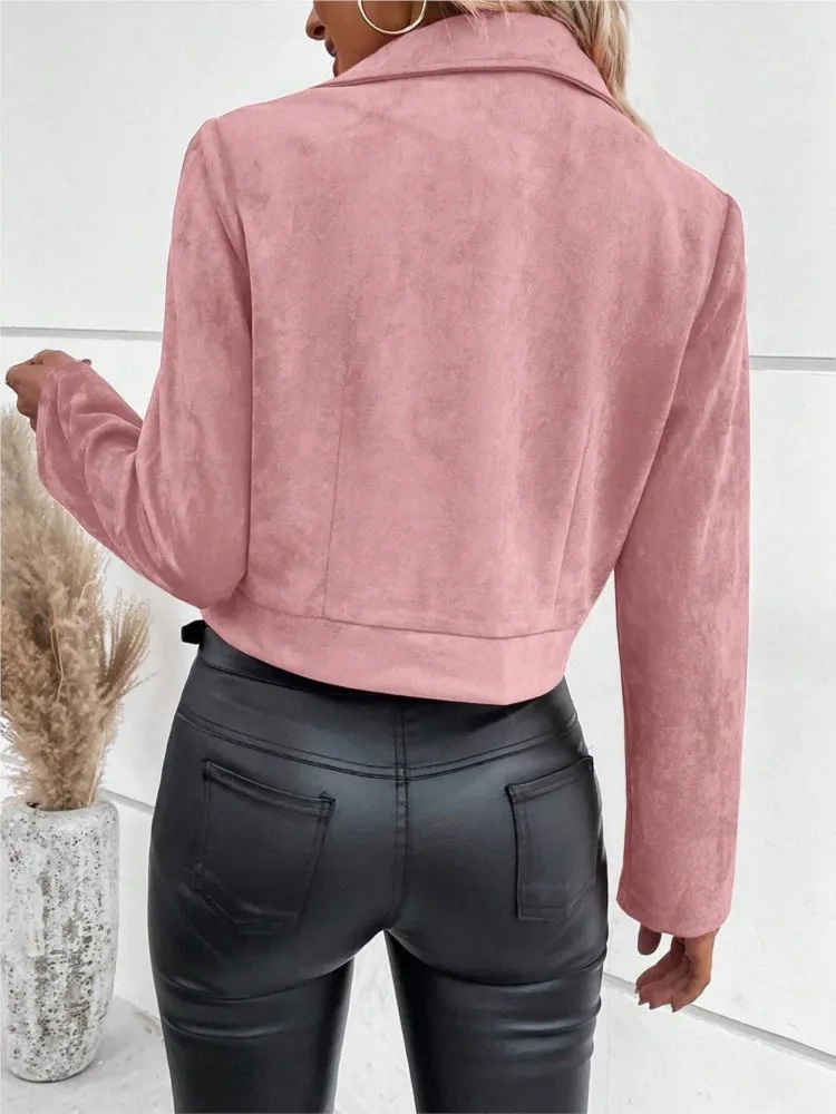 Women's Casual Lapel Zipper Jacket Imitation Deerskin Velvet Short Coat Winter Fashion Slim Women's Riding Short Jacket 2025