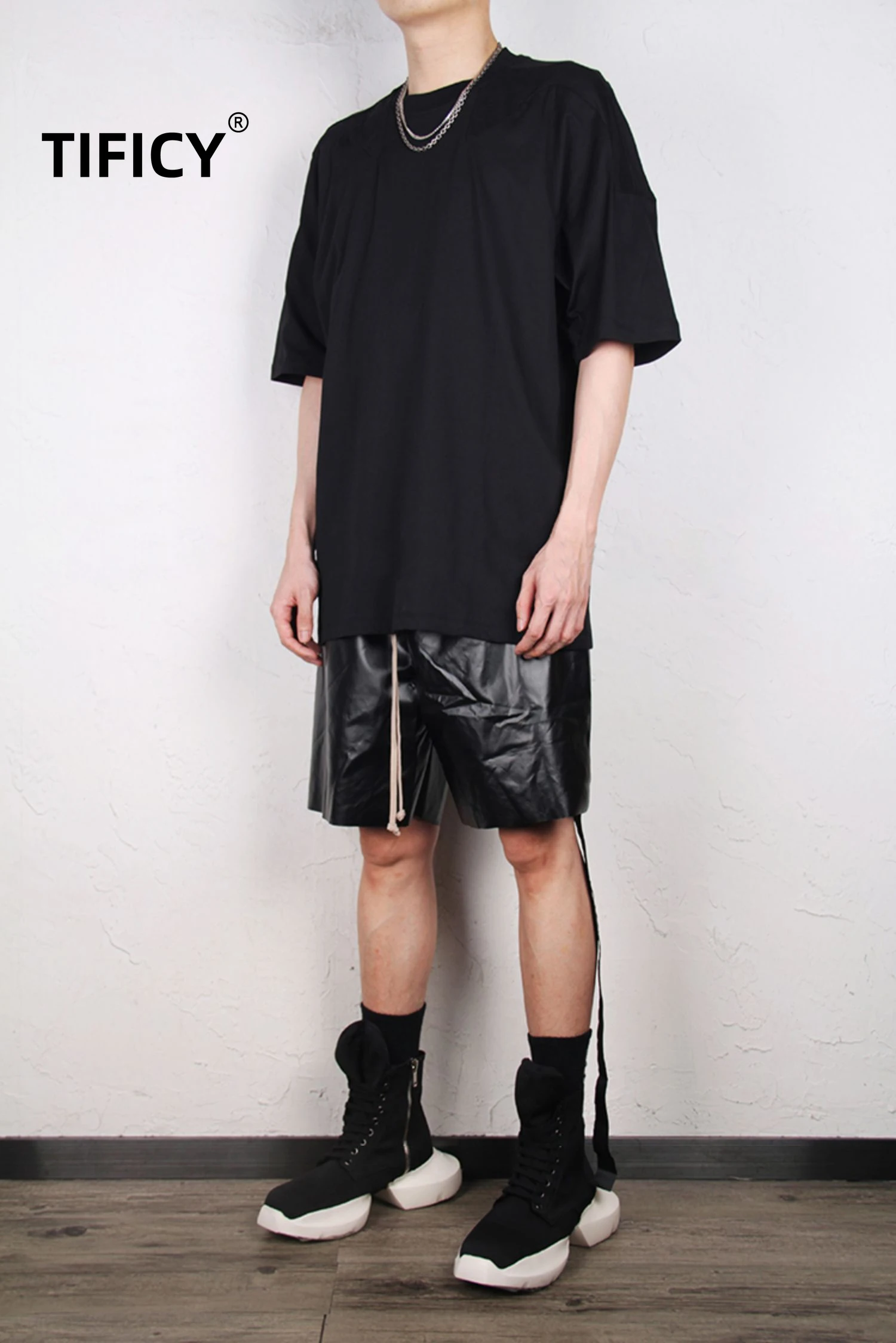 High Street Dark Ro Shorts Men's Summer Elastic Waist New Dark PU Leather Dark Wind Drawstring Straight Bottom Casual Shorts