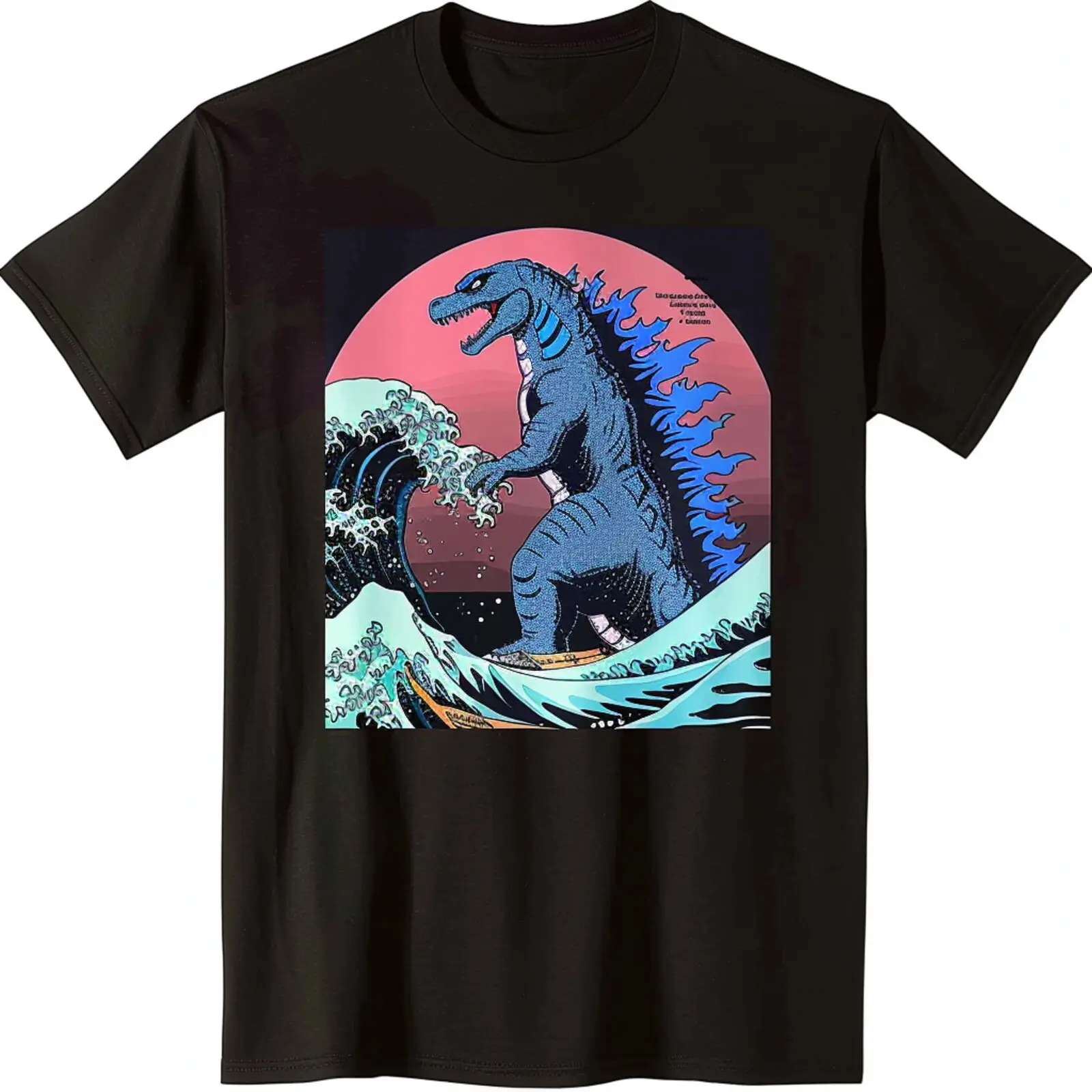 Japanese Inspired Ocean Wave Graphic Tee Vintage Anime Design on Black Shirt