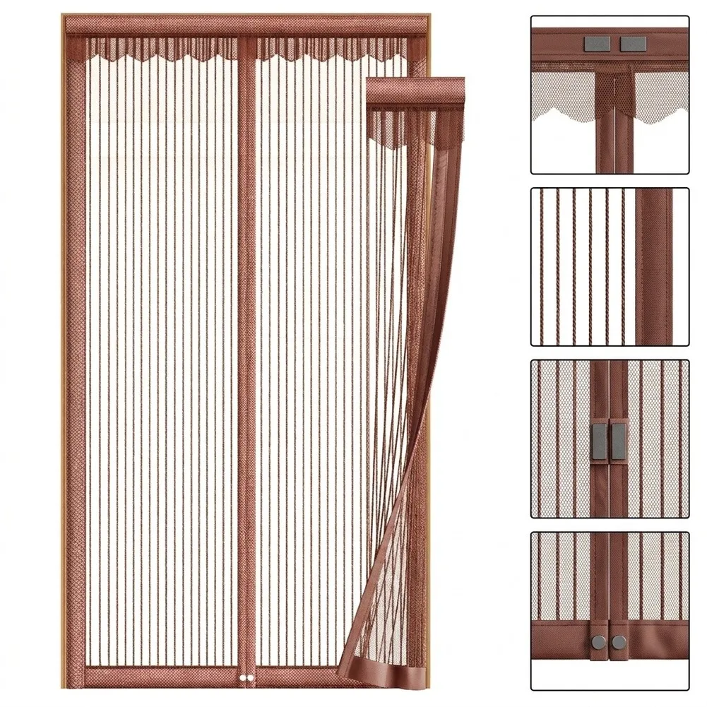 Summer Door Curtain with Integrated Magnets for Exclusion Striped Coffee Aesthetic Polyester 100 cm W 210 cm H