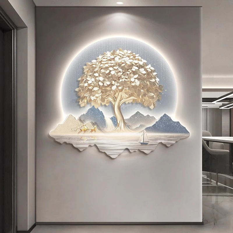 Chinese Style Entrance Hall Money Tree Decorative Painting 3D Living Room Mural Lamp Corridor Wall Decoration LED Light Painting