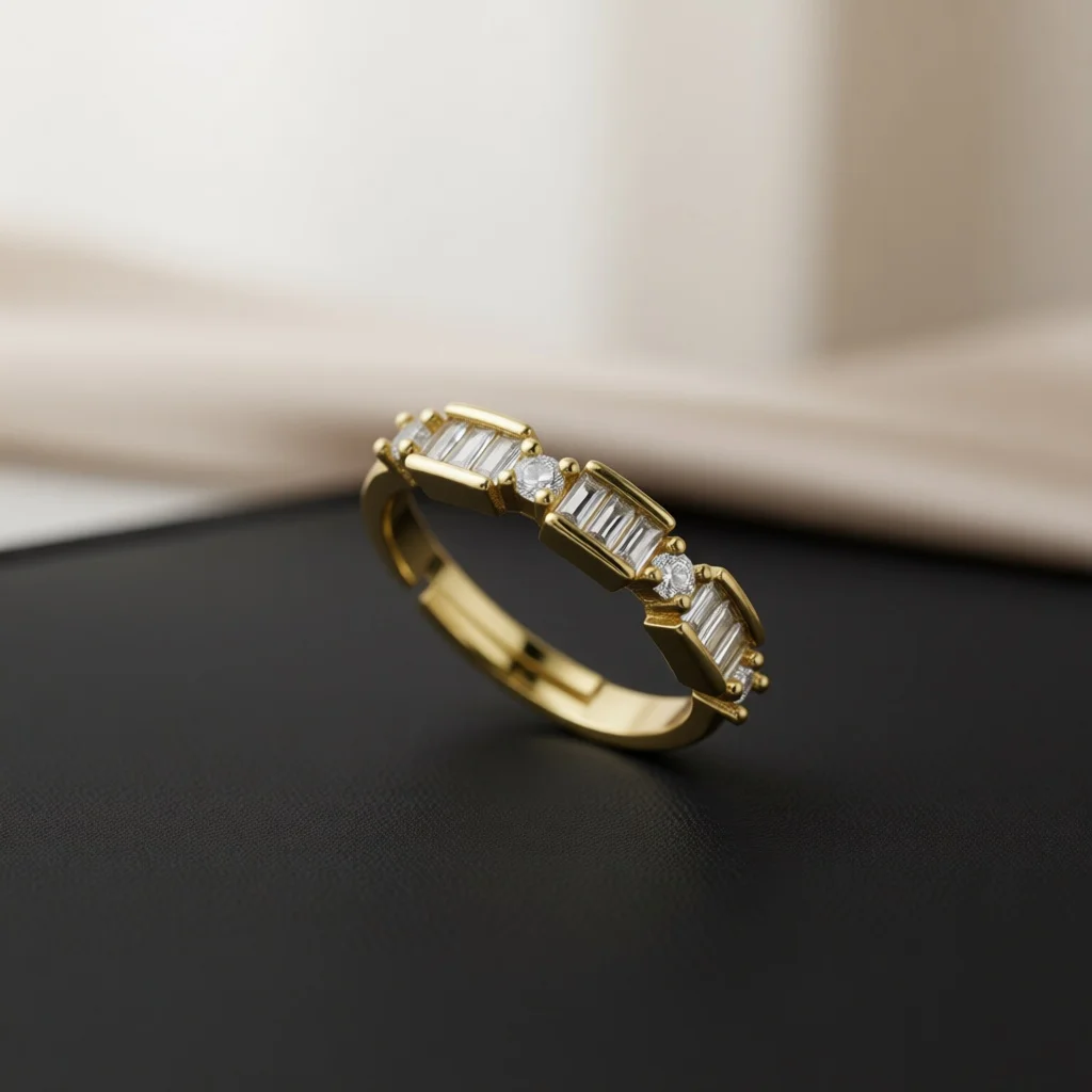 Chic Gold Copper Ring, Rectangular Zircon Gems, Side-by-side Setting, Open Band, Gift Ornament for Banquet, Party & Date Events
