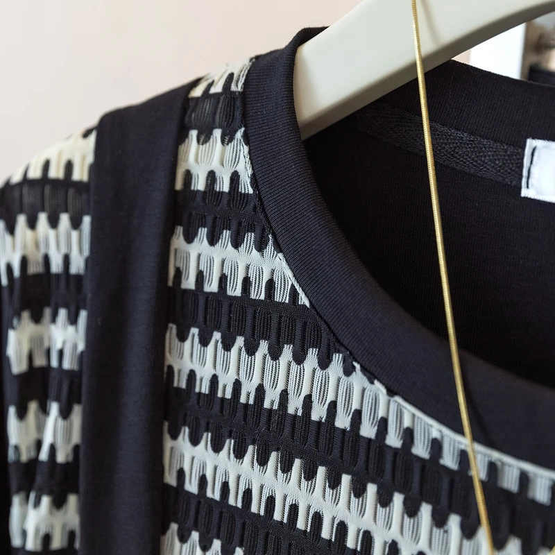 الصيف النساء كاذبة قطعتين تي شيرت 4XL الجولة الرقبة قصيرة الأكمام المرقعة الأعلى الفرنسية عارضة أزياء فضفاضة الإناث الأسود تيز