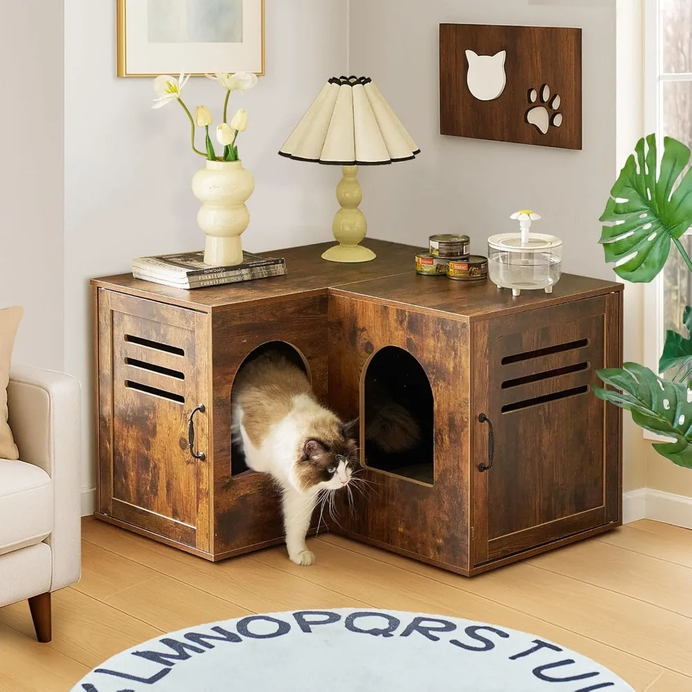 

Corner Cat Litter Box Enclosure, 31.5 Hidden Litter Box Furniture for 2 Cats, Indoor Cat House End Table with Double Room, Vinta
