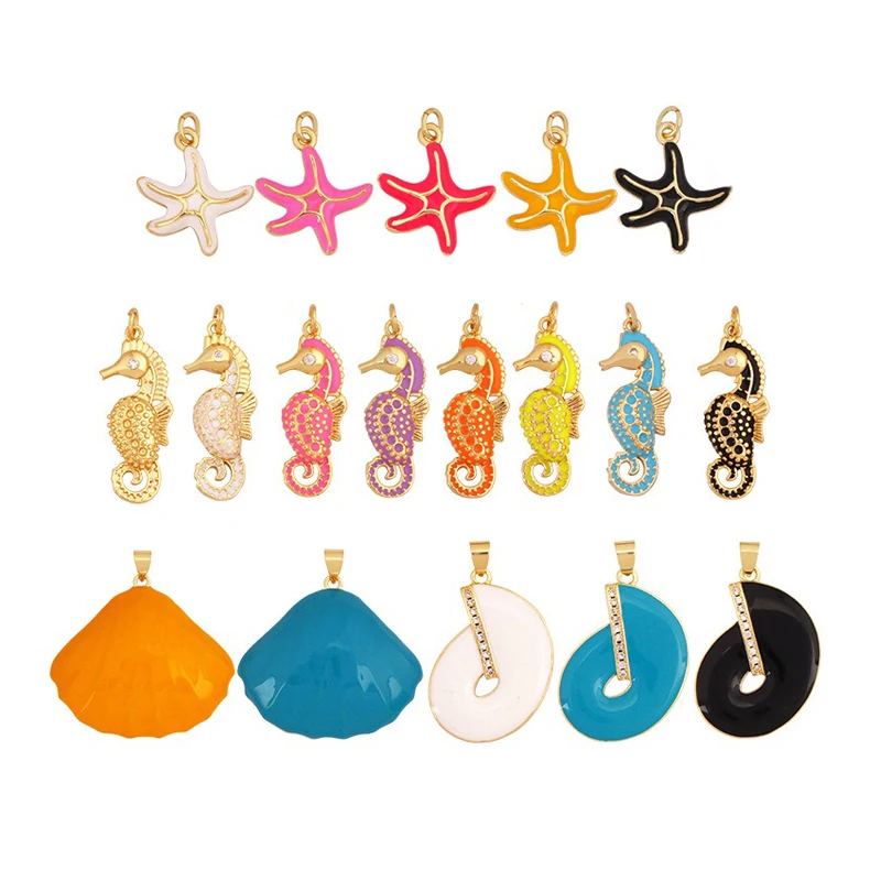 

1 Piece Copper Plated Enamel Pendant for Diy Necklace Charm Making Accessories Sea Creatures Starfish Seahorses Seashell Jewelry