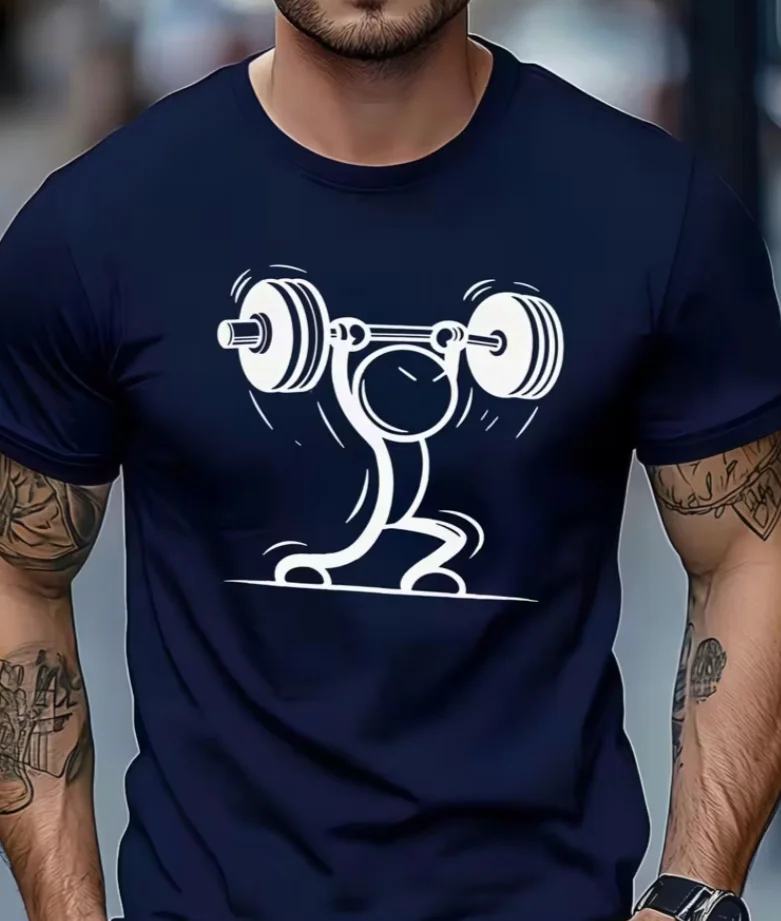 Men's Little Man Lifting Weights Graphic T-Shirt Fun Style Fitness Humorous Minimalist Short Sleeve, Summer Casual Versatile Top