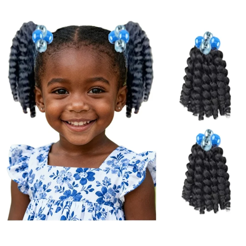 2개입 어린이용 땋은 머리 연장, 구슬 장식 탄성 밴드 포함, 소녀용 비즈 장식 합성 헤어피스, 검정색 가발 액세서리