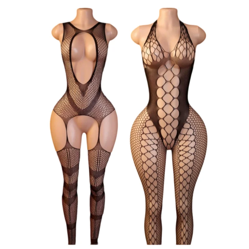 Women's Lace Bra One-Piece Set Crotchless Lingerie Curve Halter Neck Jumpsuit See-through Body Stockings Hot Open Underwear
