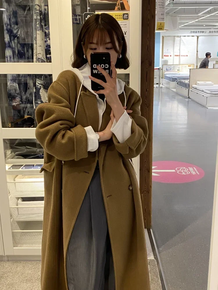 RosEvans Double-sided Pure Cashmere Overcoat Korean Version Loose Suit Long-sleeved Double Breather Turtleneck Woolen Coat Women