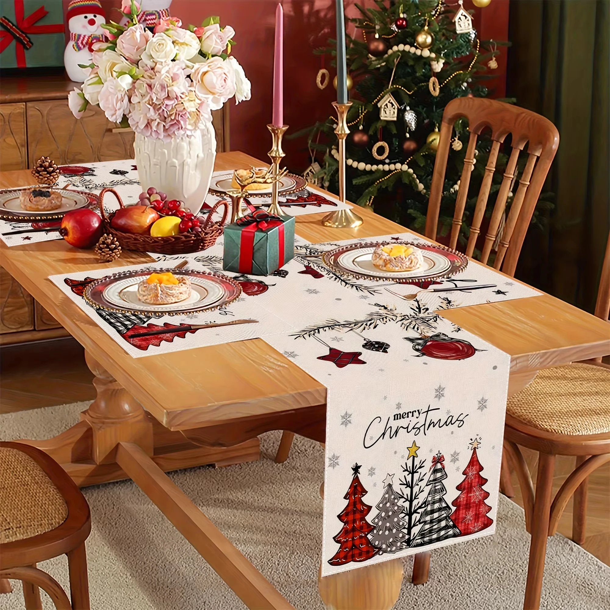 Merry Christmas Tree Snowflakes Linen Table Runner Winter Xmas Kitchen Dining Table Decor Holiday Celebration