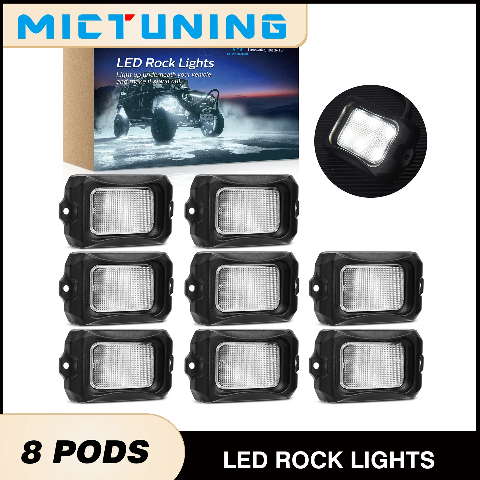 

MICTUNING C2 изогнутые белые светодиодные рок-фонари, 8 стручков, однотонные подсветки, IP68 водонепроницаемые для легковых автомобилей, грузовиков, внедорожных квадроциклов, UTV