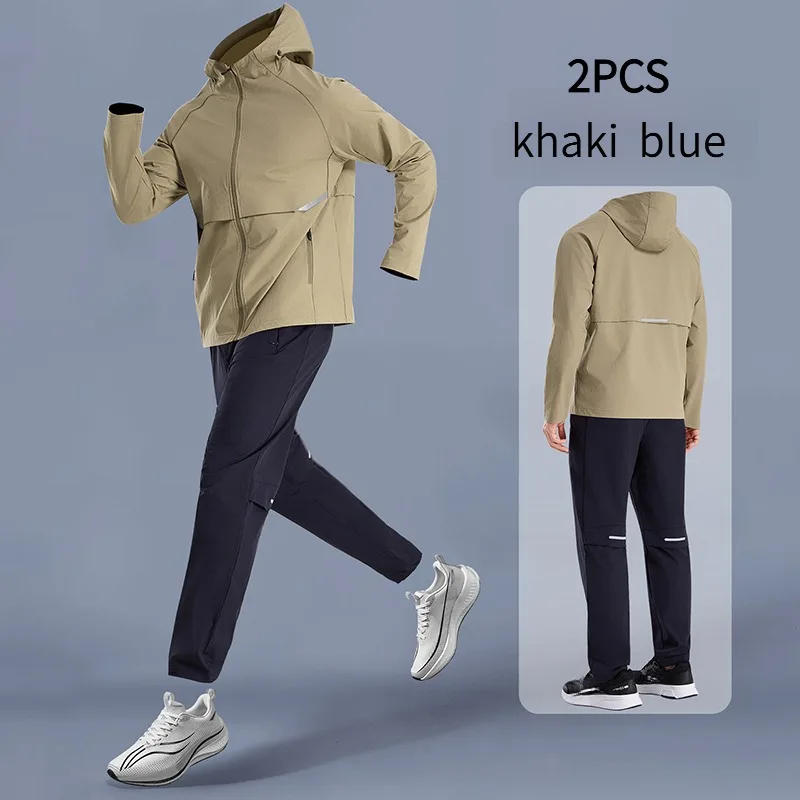 2-PCS Men's Spring New Hooded Quick Dry Jacket Running Suit Professional Training Wear Breathable Sweat Absorbent Fitness Long