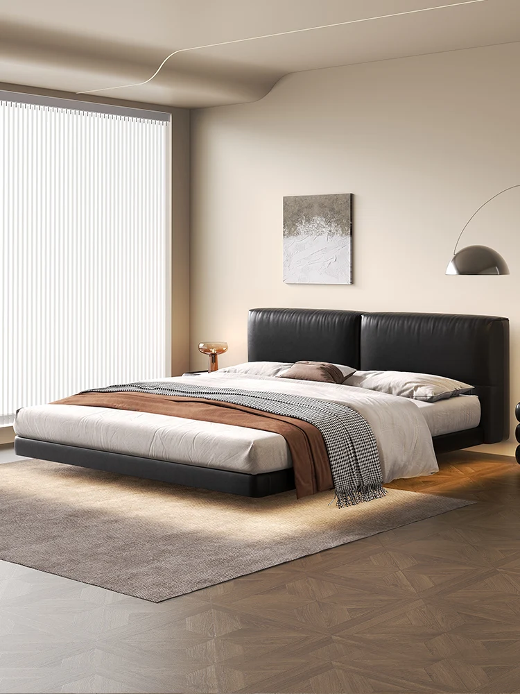 

Italian Minimalist Big Black Cow Modern Minimalist Tofu Block Master Bedroom Edging Leather Bed