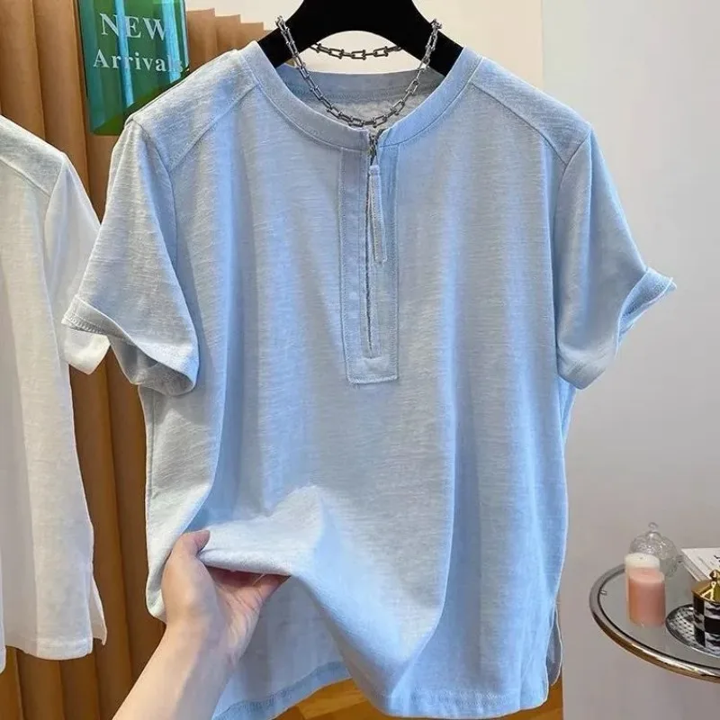 Fashionable Short-sleeved T-shirt for Women Thin Half-zip Design Solid Color Loose Round Neck Versatile and Temperamental Top