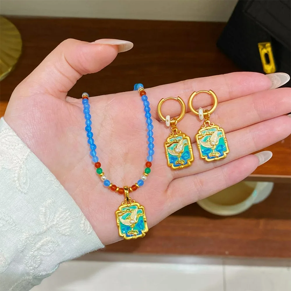 

New Chinese Style Fashion Retro Exquisite Oil Dripping Enamel Crane Necklace Light Luxury National Style Clavicle Chain for Wome