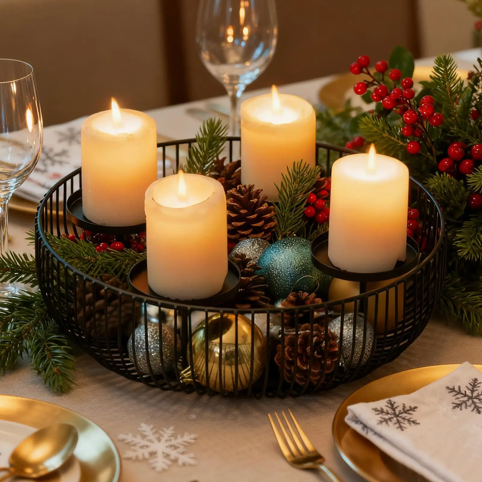 

4-grid Christmas Advent Wreath Candle Holder Metal Black Cylindrical Candle Holder Decorative Candlestick Centerpiece For Winter