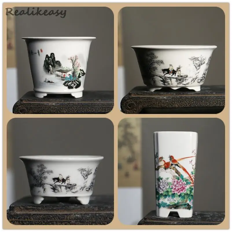 Chinese Purple Sand Flower Pots Ceramic Bonsai Pots Hand-Painted Art Landscape Flower Pots Desktop Decorative Flower Pots LC309