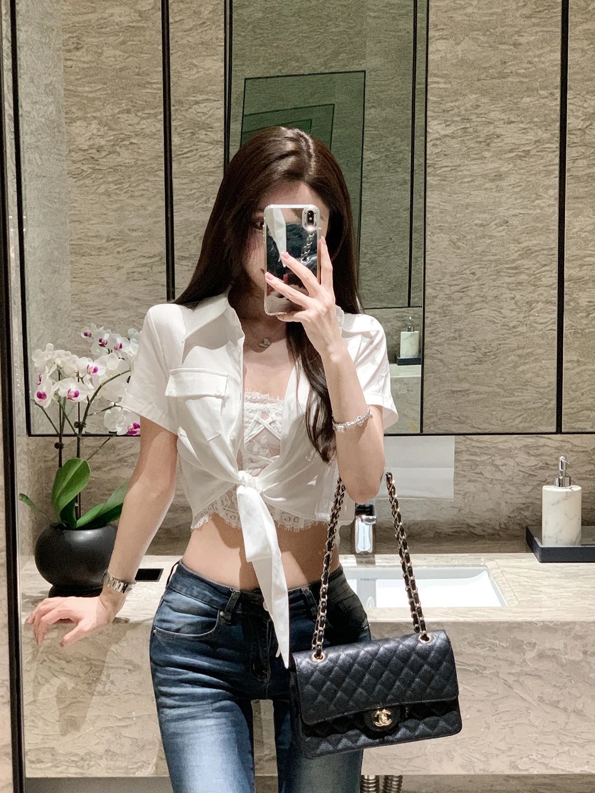 

JustQin Sexy White Lace Crop Top irt Women's ort Sle Commute Faion Sve V-Ne Button Pure Color Summer 2025