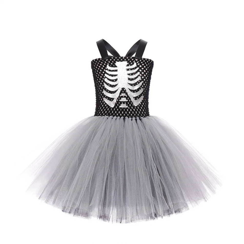 Children Halloween Fashion Design Skeleton Style Princess MeshDress Holiday Party Role Play Zombie Ghost Sage Performance Outfit