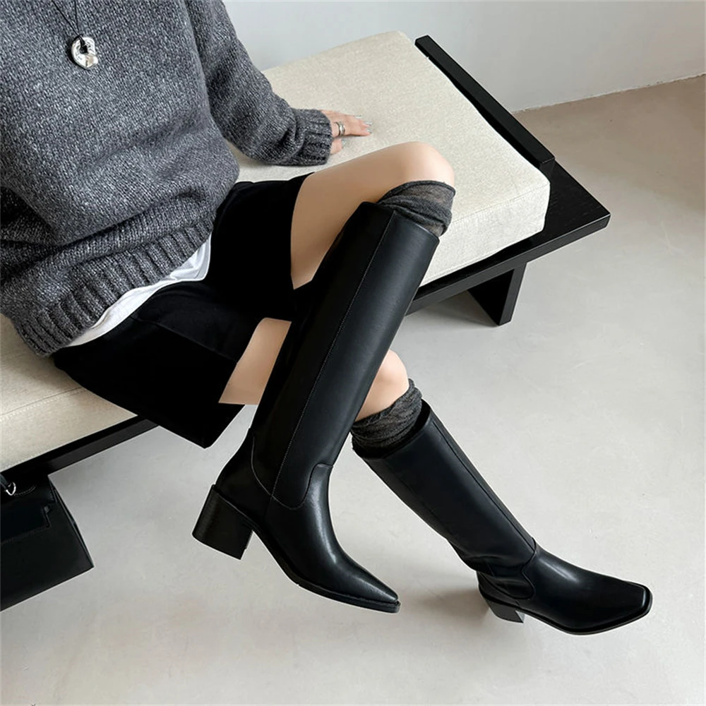 FEDONAS Women Genuine Leather Knee High Boots Round Toe Thick Mid Heels Platform Long Boot Ladies Fashion Shoes Autumn Winter