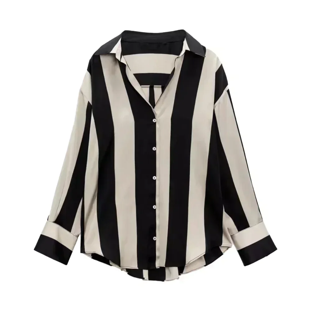 Women 2023 spring New Fashion Multicolor stripe Silk satin texture hang down Blouses Long Sleeve Button-up Female Shirts