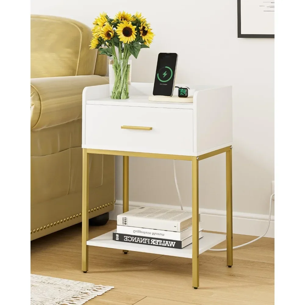 

Nightstand with Charging Station,3-Tier Modern Bedside Night Stand w/Storage Drawer and Shelf,Small End Side Table for Bedroom