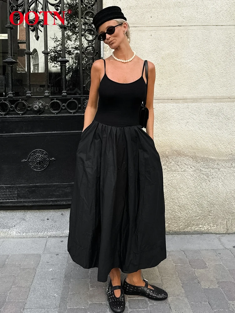 OOTN Black Evening Women A-Line Dresses Pocket Spaghetti Straps Ankle-Length Inner Dress Sleeveless Pleated Long Long Dress 2024