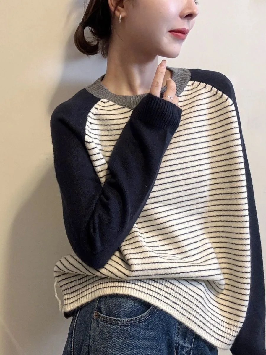 

Эффективный утепленный вязаный свитер в полоску с круглым вырезом для женщин, осенне-зимний, модный, с эффектом омоложения, теплый, согревающий