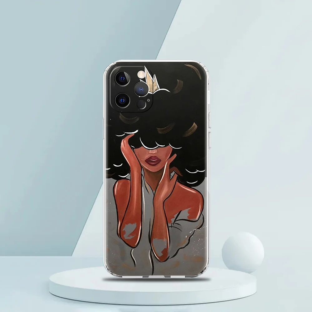 Fashion Black Girl Phone Case for iPhone 16 15 14 13 12 Pro Max Cover Transparent for iPhone 11 Pro Max 7 8 Plus XS XR Shell Bag