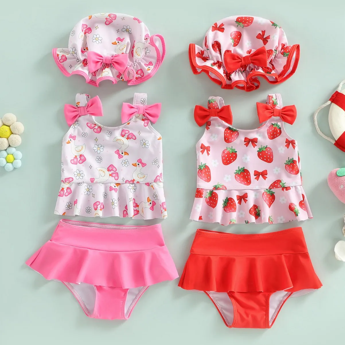 

Summer Baby Girls Three-piece Swimsuit Sweet Strawberry Print Sleeveless Bowknot Swimwear Tankini Set Vacation Toddler Beachwear