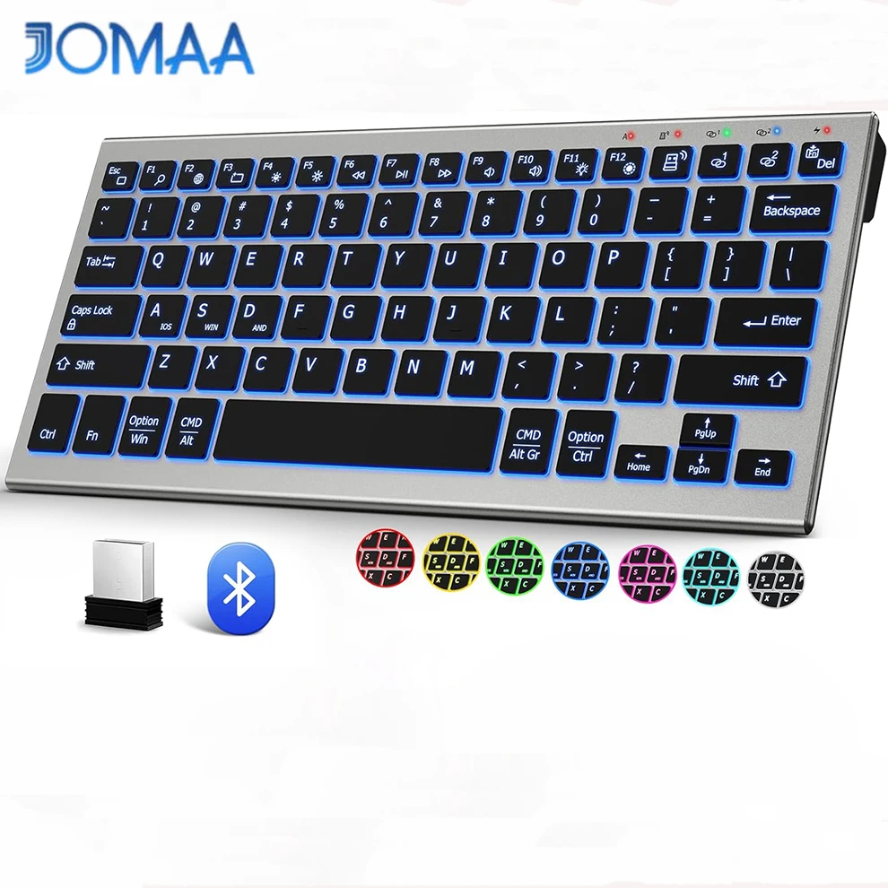 JOMAA Bluetooth Wireless Keyboard with 7 Colored Backlits, Rechargeable Compact Cordless Computer Keyboard for Windows, PC
