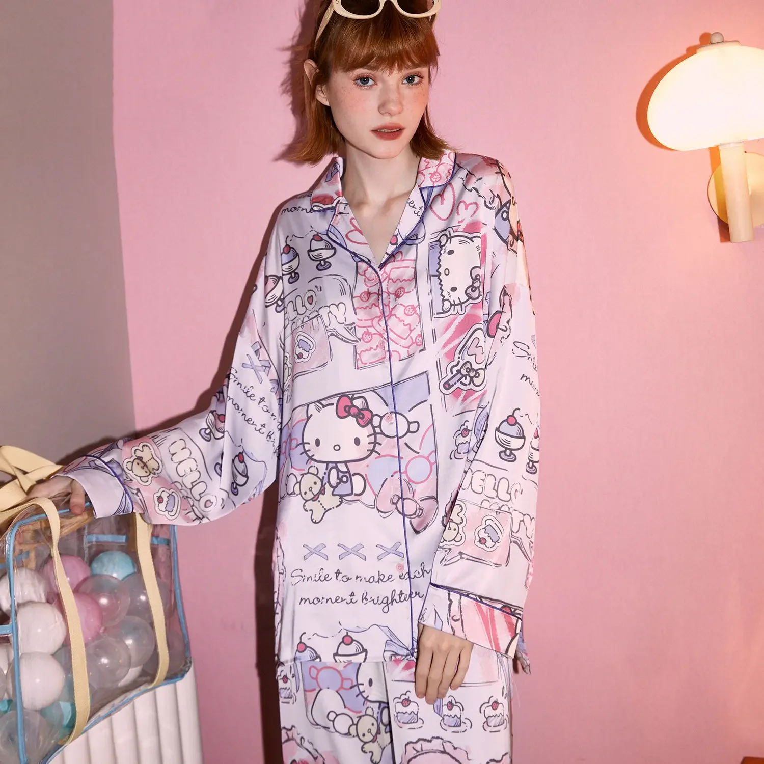 Sanrio Hello Kitty Pajama Pants Women Spring and Autumn Long-sleeved Pants Cartoon Cute Home Wear 2pcs 1set Kawaii Pajamas