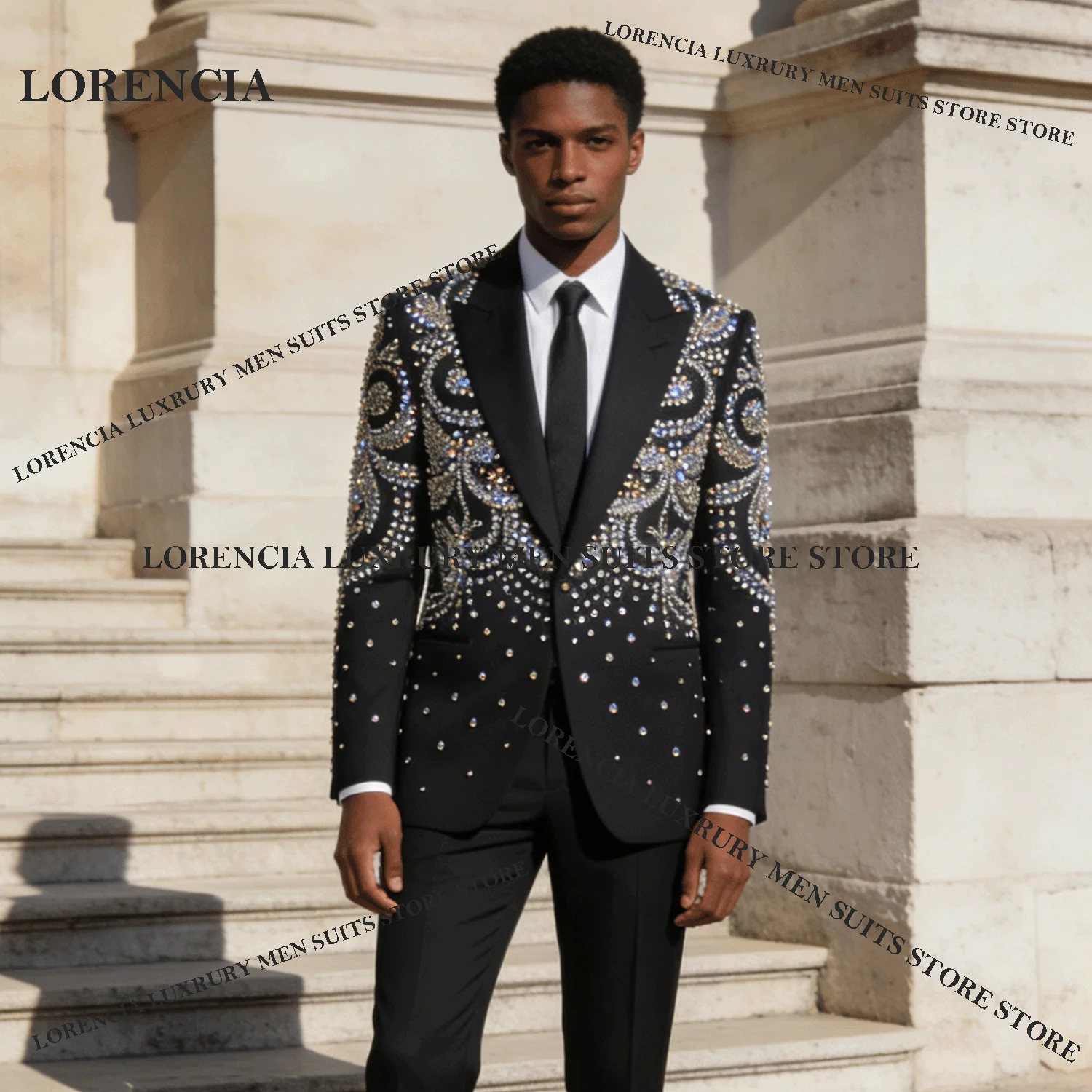 

Customized Men Wedding Suits Diamond Ornament Tuxedos Peaked Lapel 2 Pieces Sets Male Square Blazers Groom trajes para hombre