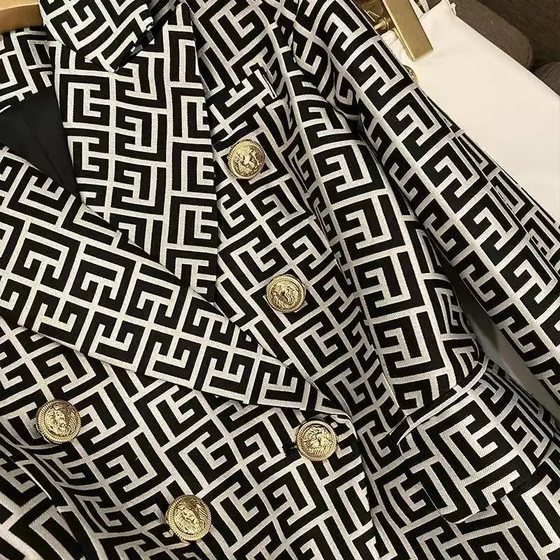 French Fashion Double Breasted Geometric Print Slim Blazer Suit Jacket Women Long Sleeve Y2k Aesthetic Office Lady Formal Coat